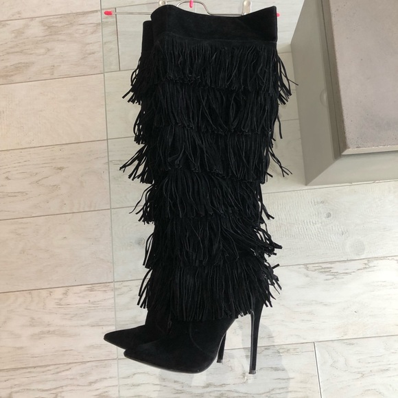 thigh high fringe boots